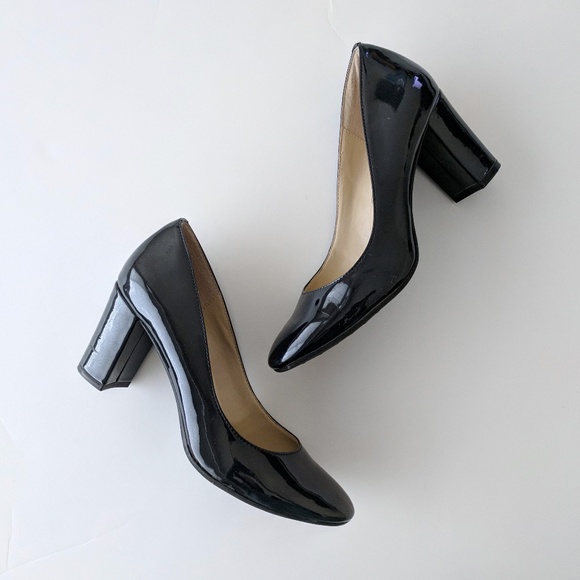 navy patent block heel court shoes